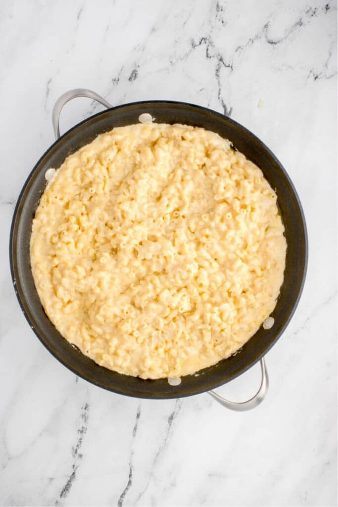 creamy mac and cheese in a pan 