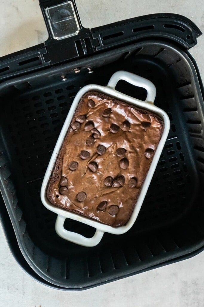 Cooked brownies in air fryer basket