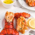 Enjoying an air fried lobster tail dinner.