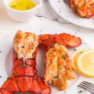 Enjoying an air fried lobster tail dinner.