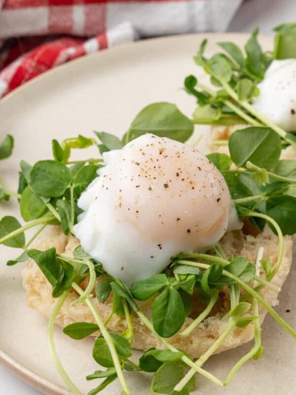 Seasoned poached egg close up.