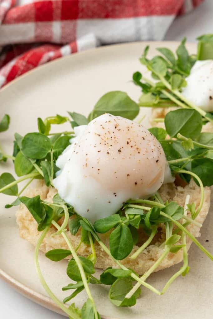 Seasoned poached egg close up.