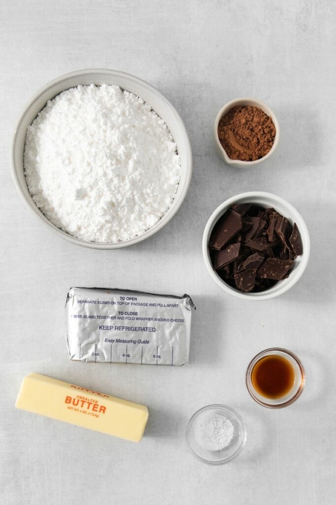 Ingredients portioned out for chocolate icing. 