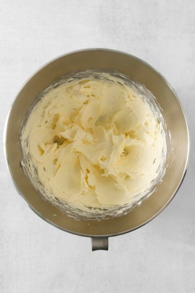 Butter and cream cheese whipped in mixer.