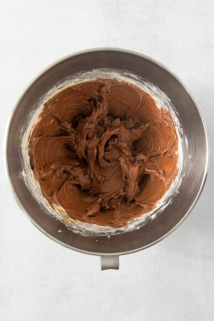 Melted chocolate added to cream cheese mixture.
