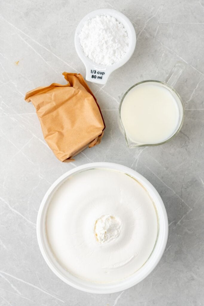 Ingredients to make cool whip pudding frosting.