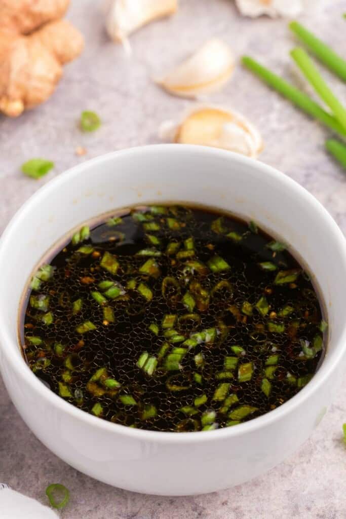 potsticker sauce recipe in a white bowl