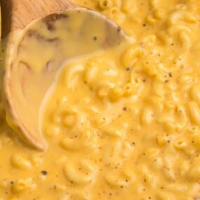 Slow cooker macaroni and cheese made with Velveeta.