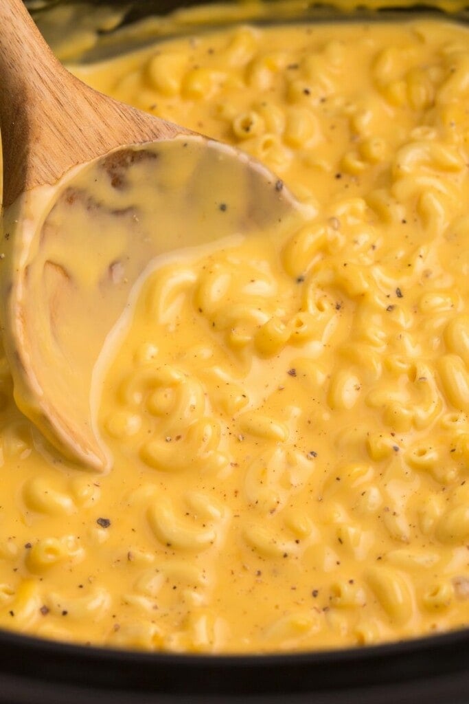 Slow cooker macaroni and cheese made with Velveeta.