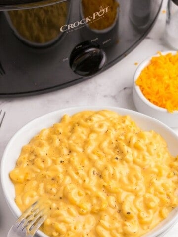Easy crockpot mac and cheese served on a plate.