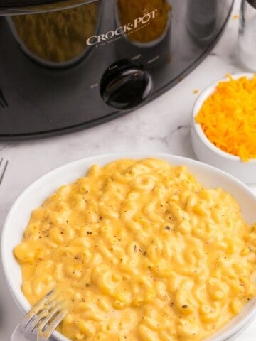 Easy crockpot mac and cheese served on a plate.