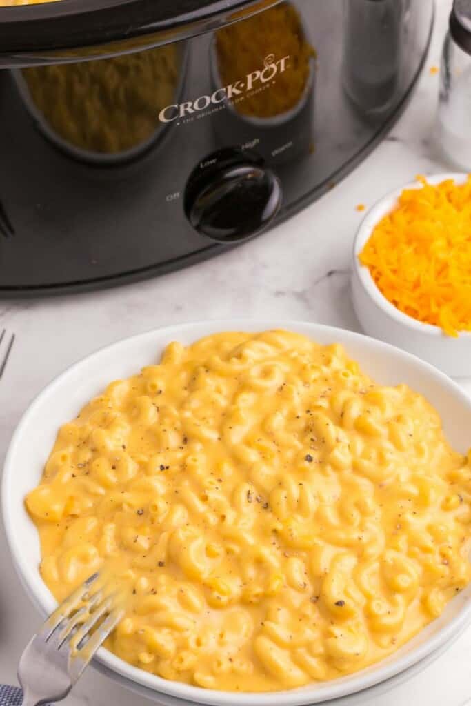 Easy crockpot mac and cheese served on a plate.