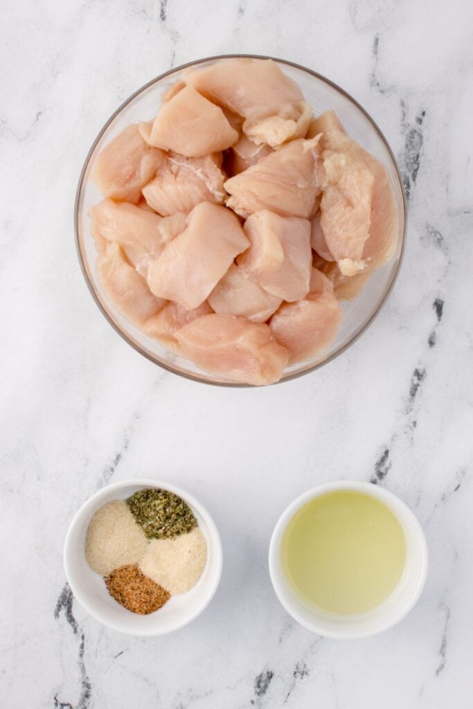 Ingredients needed to make air fryer chicken bites.