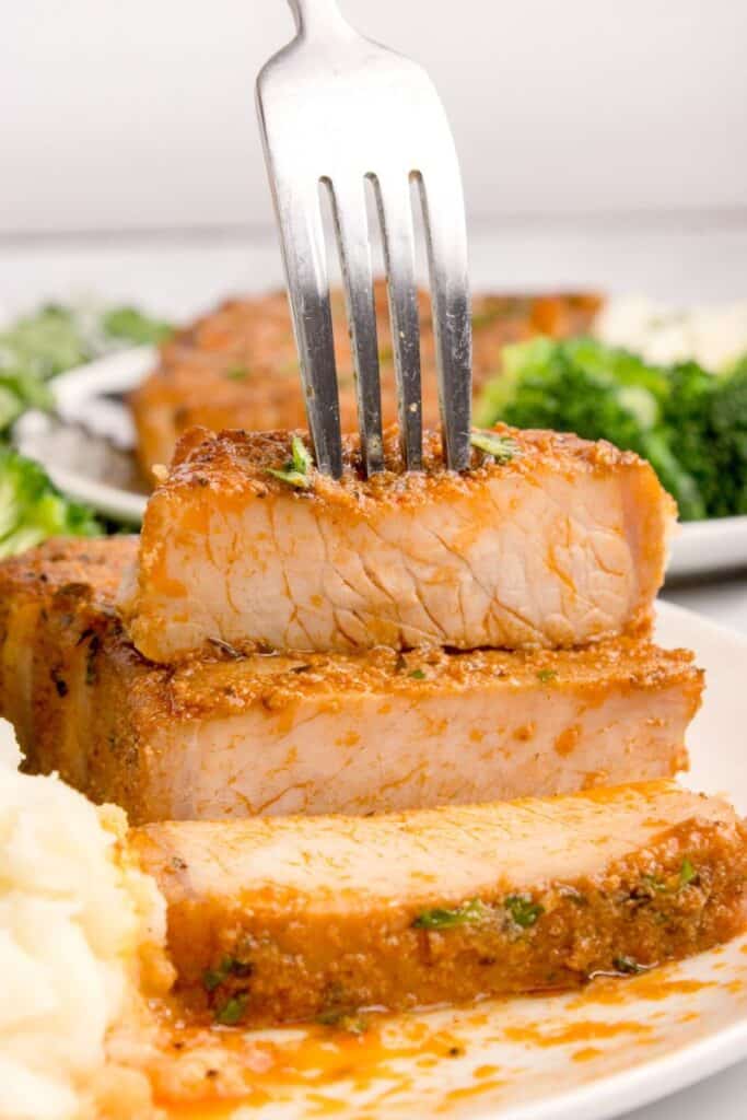 closeup of baked pork chop recipe