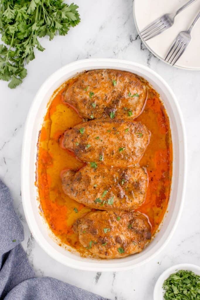 overhead shot of juicy baked pork chops