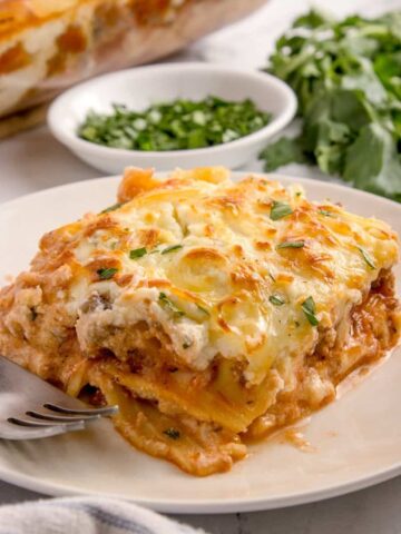 a slice of homemade italian lasagna on a white plate