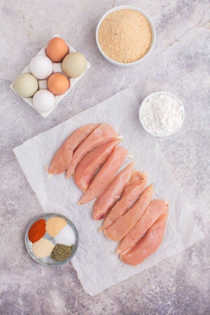 overview shot of all ingredients used in this chicken tenders recipe.