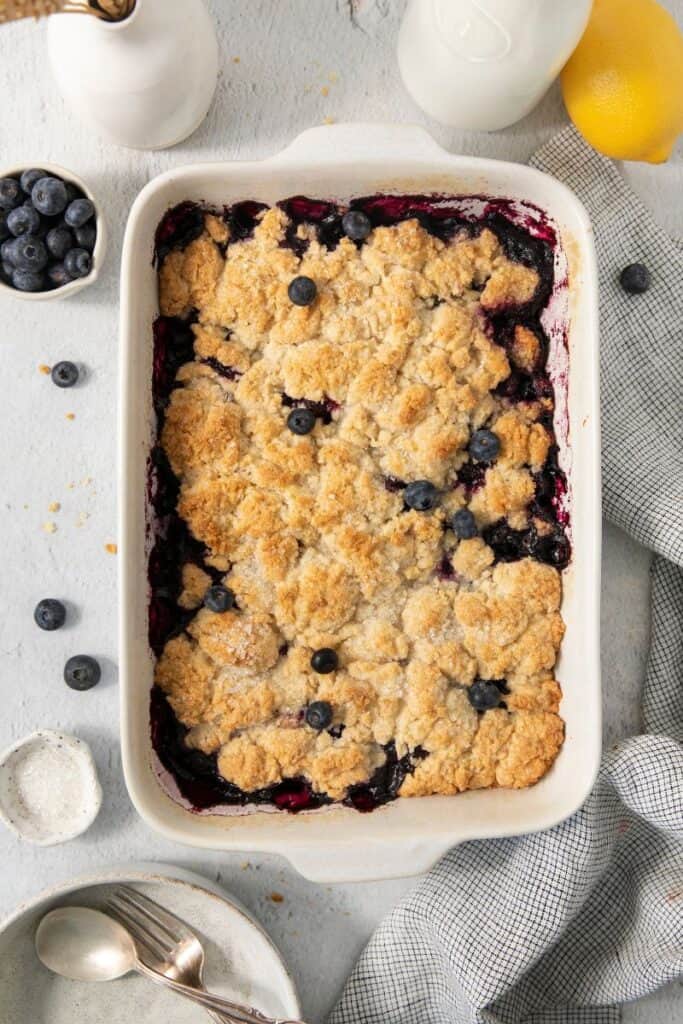 Baked blueberry cobbler in a baking dish