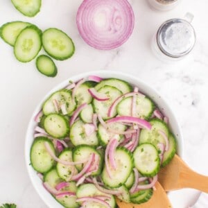 overhead shot of cucumber onion salad