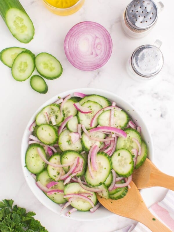 overhead shot of cucumber onion salad