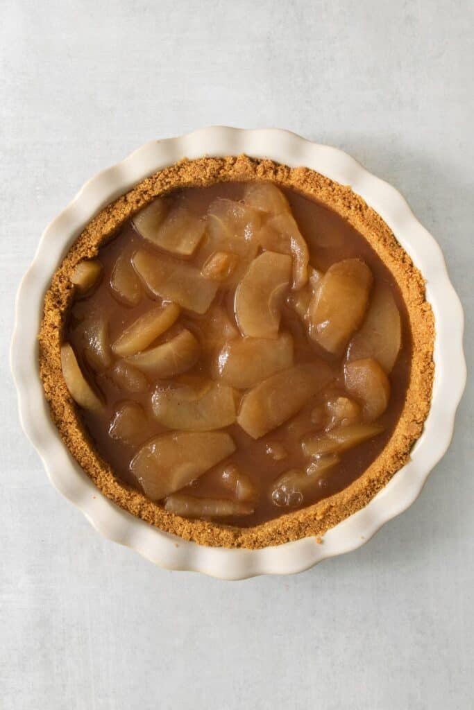 The easy apple pie with the liquid poured over the apples into the crust.