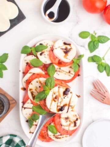 serving mozzarella and tomato salad with fresh basil leaves
