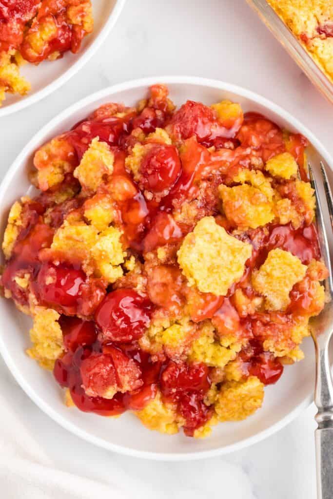 upclose shot of easy cherry dump cake