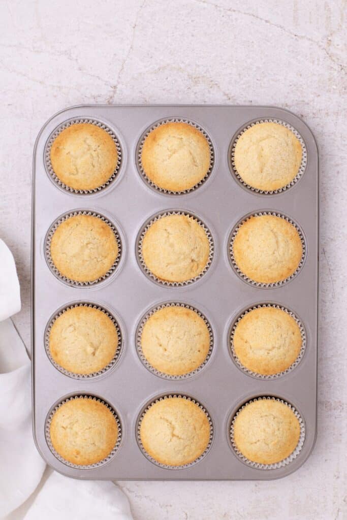 baked vanilla cupcakes in a baking pan