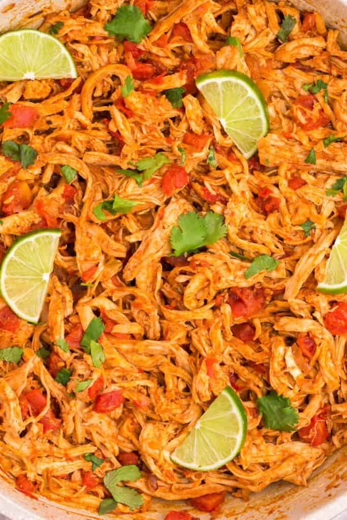 close up of seasoned shredded chicken