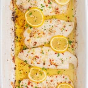 Baked tilapia coming right out of the oven.