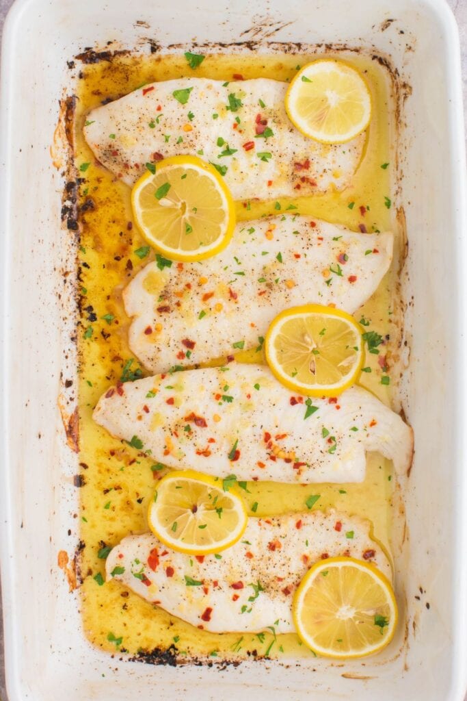 Baked tilapia coming right out of the oven.