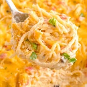 Chicken spaghetti with Rotel scooped up onto a spoon with the casserole filled with it in the background.