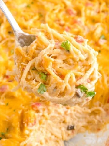 Chicken spaghetti with Rotel scooped up onto a spoon with the casserole filled with it in the background.
