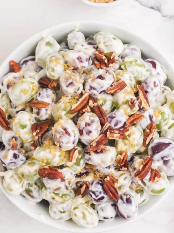 Overhead close up of the grape salad set to be served.