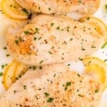 Lemon butter chicken with lemon slices on a white serving dish.