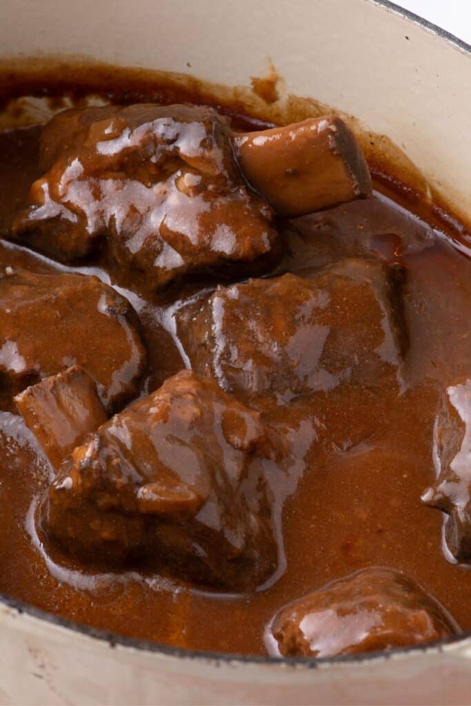 Dutch oven with braised beef short ribs.
