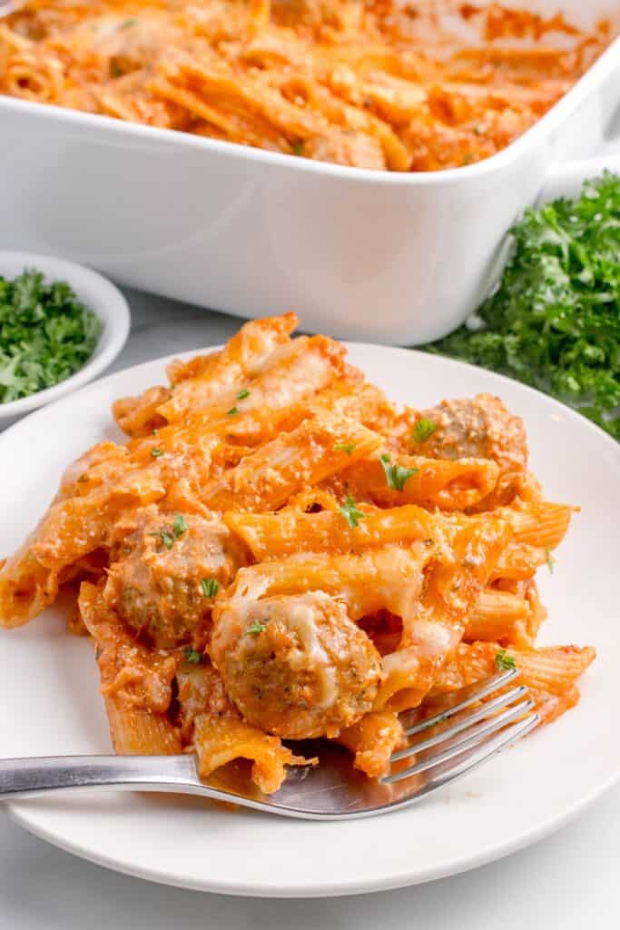 A white dinner plate with a serving of pasta on it.