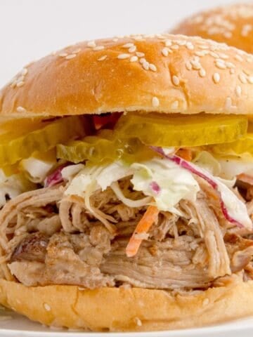 Up close view of pulled pork sandwich on a white dinner plate.