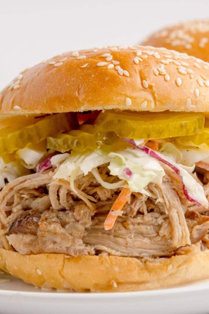 Up close view of pulled pork sandwich on a white dinner plate.