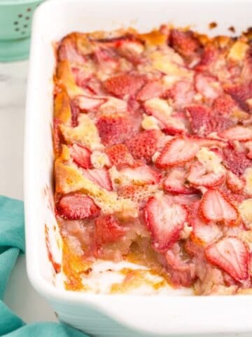 Completed cobbler in a baking dish.