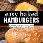 easy baked hamburgers on a wire rack and a bite taken out of one.