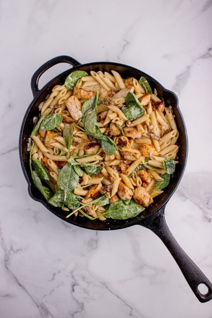 Cast iron pan with creamy penne pasta and chicken.