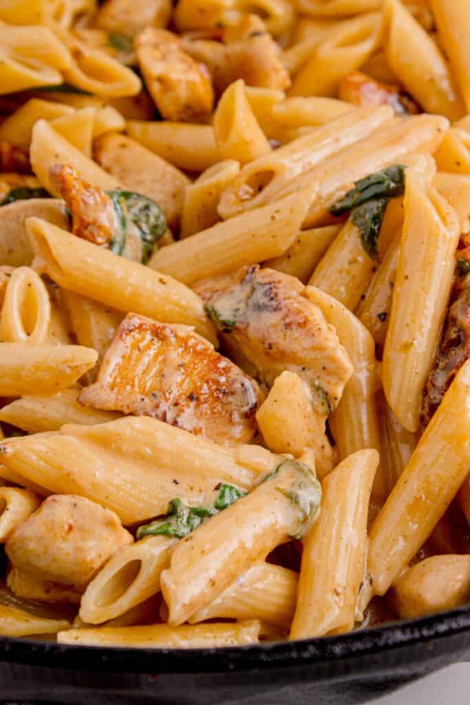 Cast iron pan with creamy penne pasta and chicken.