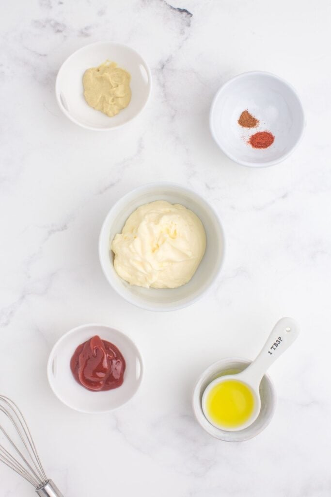 Ingredients for smash burger sauce: mayo, dijon mustard, ketchup, pickle juice , paprika, and cayenne.