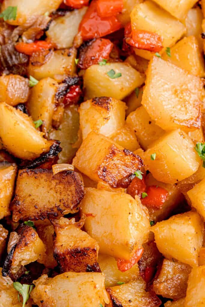 Close up view of smothered potatoes.
