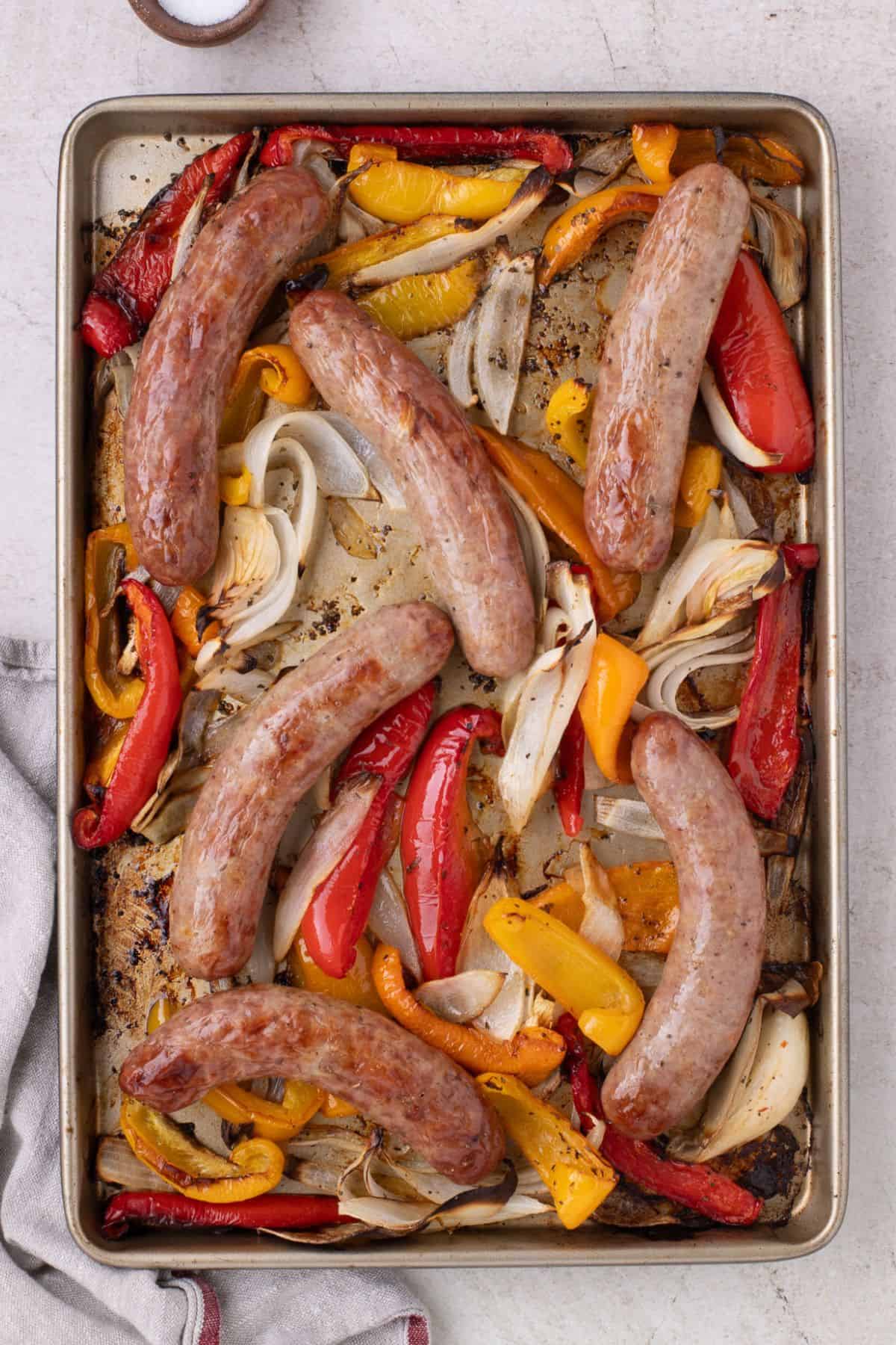 Sheet pan sausage and peppers just out of the oven.