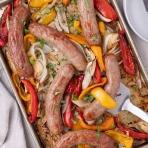 View of the baked italian sausage cooked and removed from the oven.