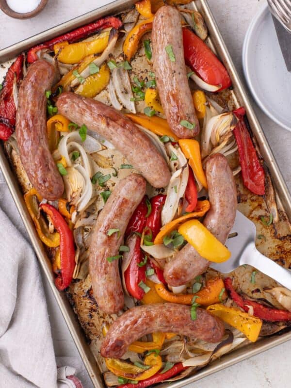 View of the baked italian sausage cooked and removed from the oven.