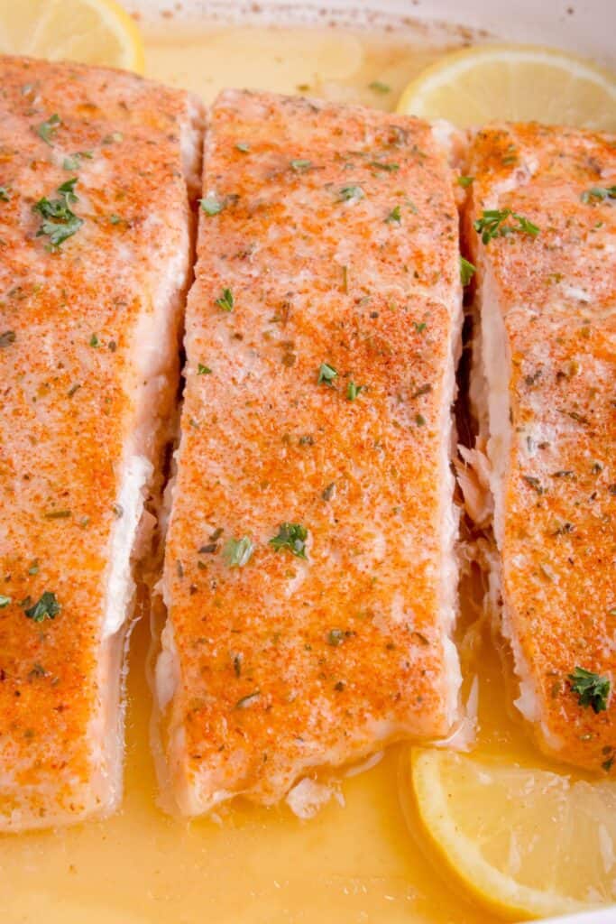 Detail view of baked salmon filets.