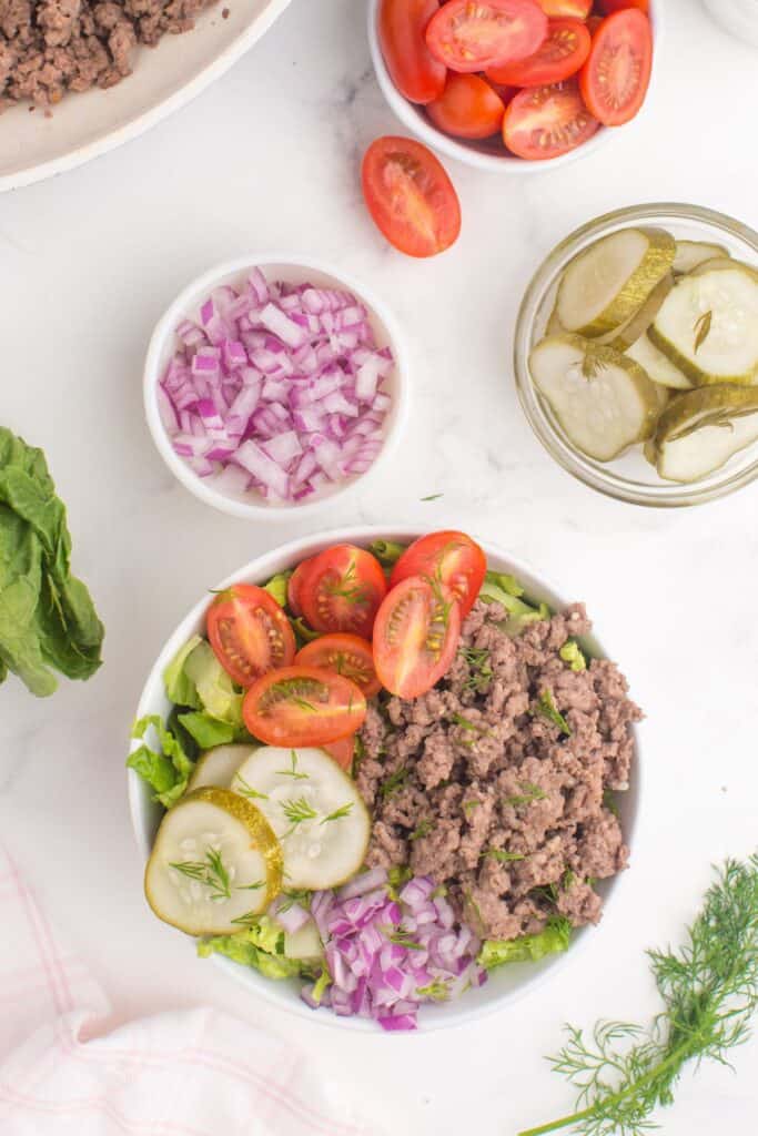 Assembled burger bowl without dressing.